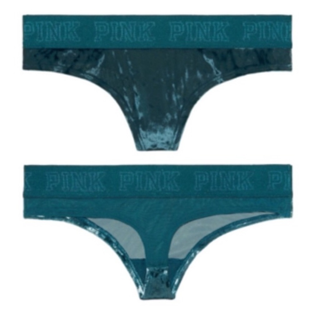 (XS) PINK VICTORIA’S SECRET TEAL THONG WITH LOGO WAISTBAND
